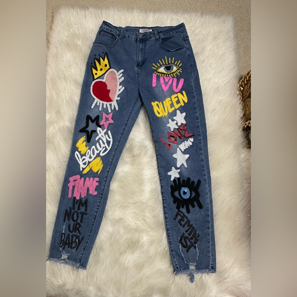 Blue & Yellow Skinny Jeans with Graffiti Art Cute Wardrobe staple ( worn once)🔥 - Picture 1 of 3